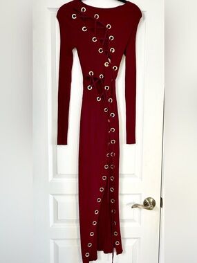 Long Sleeve Burgundy Lace-Up Ribbed Maxi Dress